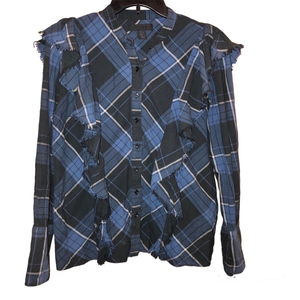 Madison Cinqcent Plaid Flannel Ruffle Raw Edge Fringe Top Black Blue Large